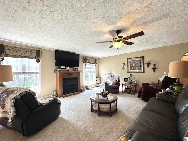 5109 S Rd, Cadiz, KY 42211 - living room featuring plenty of natural light, carpet, ceiling fan, ornamental molding, and a fireplace