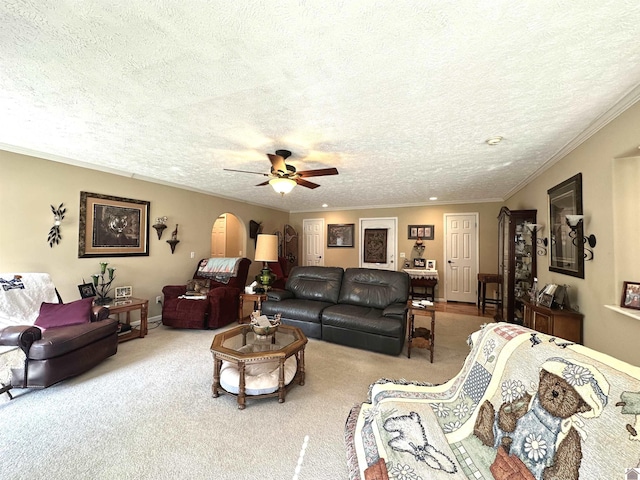 5109 S Rd, Cadiz, KY 42211 - carpeted living room featuring a textured ceiling, a ceiling fan, crown molding, and arched walkways