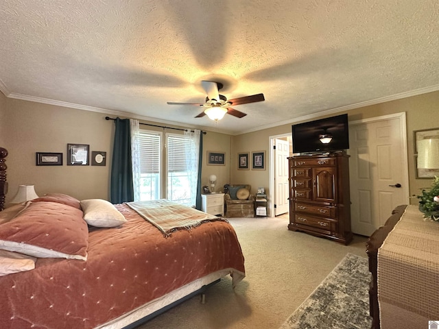 5109 S Rd, Cadiz, KY 42211 - bedroom with light colored carpet, crown molding, a textured ceiling, and ceiling fan