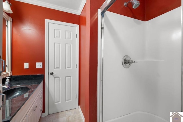 1906 Gatesborough Cir, Murray, KY 42071 - bathroom with a shower, ornamental molding, a bathtub, vanity, and baseboards