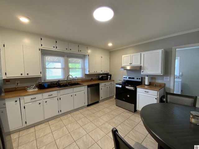 3827 Howle, Paducah, KY 42003 - kitchen with appliances with stainless steel finishes, a sink, under cabinet range hood, white cabinetry, and light tile patterned flooring
