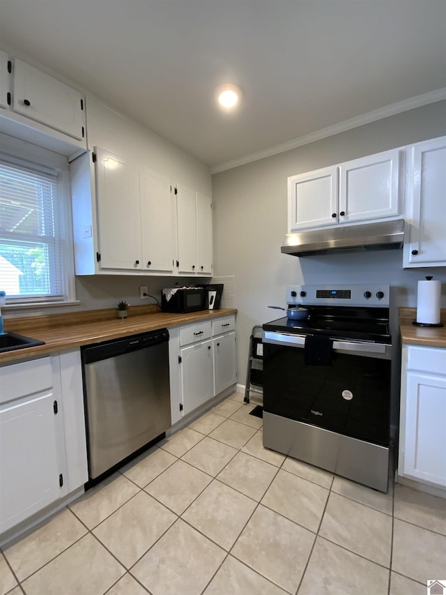 3827 Howle, Paducah, KY 42003 - kitchen with stainless steel appliances, under cabinet range hood, white cabinetry, and crown molding