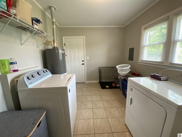 3827 Howle, Paducah, KY 42003 - clothes washing area with water heater, independent washer and dryer, ornamental molding, light tile patterned flooring, and baseboards