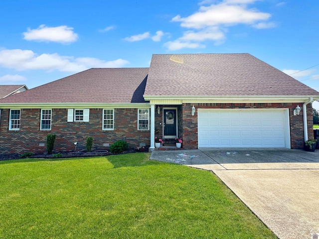 206 Metcalf Ln, Almo, KY 42020 - view of front of home with concrete driveway, a front lawn, a shingled roof, a garage, and brick siding