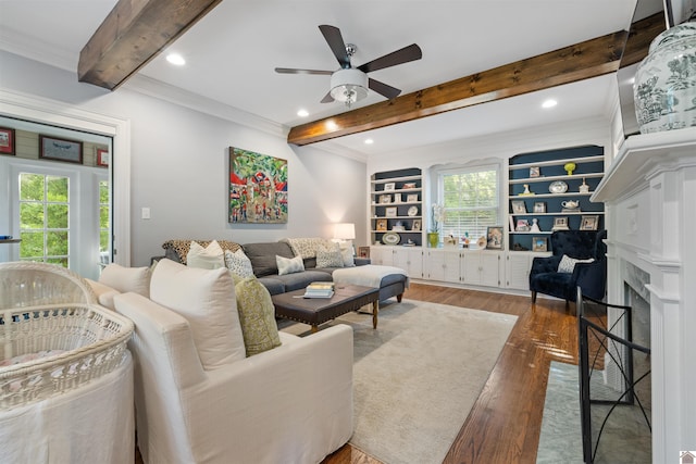 341 Friedman Ave, Paducah, KY 42001 - living room featuring beam ceiling, wood finished floors, a ceiling fan, crown molding, and recessed lighting