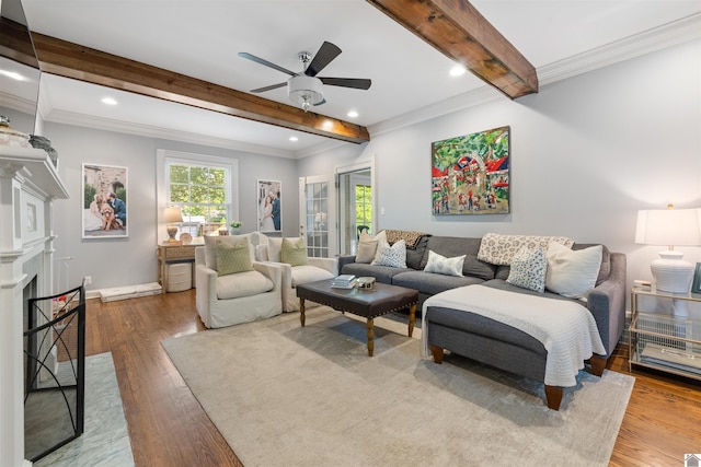 341 Friedman Ave, Paducah, KY 42001 - living room with beamed ceiling, ceiling fan, recessed lighting, wood finished floors, and a fireplace with flush hearth