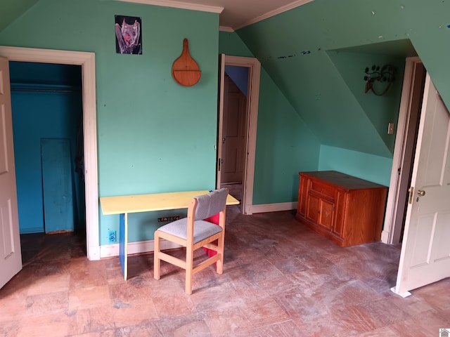 703 Fulton St, Hickman, KY 42050 - office featuring crown molding, lofted ceiling, and baseboards