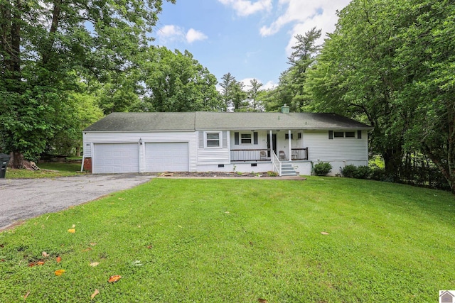 1124 Friedman Ln, Paducah, KY 42001 - ranch-style house with a porch, asphalt driveway, a garage, a front yard, and crawl space
