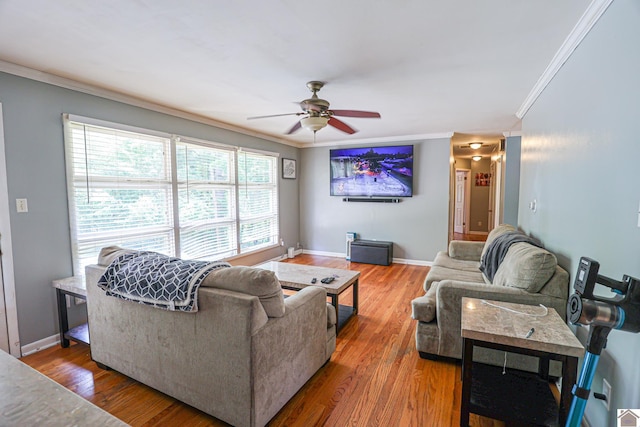 1124 Friedman Ln, Paducah, KY 42001 - living room with ornamental molding, a ceiling fan, baseboards, and wood finished floors