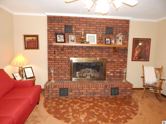 60 Cole Ln, Benton, KY 42025 - living room featuring carpet, baseboards, crown molding, ceiling fan, and a fireplace