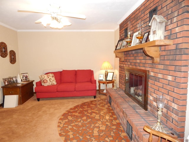 60 Cole Ln, Benton, KY 42025 - carpeted living room with ornamental molding, a brick fireplace, and ceiling fan