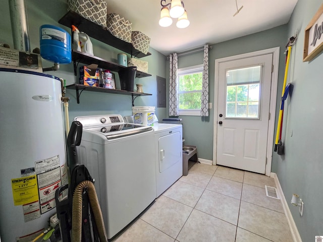 2230 Seneca Ln, Paducah, KY 42001 - washroom featuring gas water heater, washer and dryer, light tile patterned flooring, baseboards, and electric panel