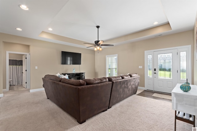 115 Pinewood Trl, West Paducah, KY 42086 - living area with a tray ceiling, light carpet, baseboards, a ceiling fan, and recessed lighting