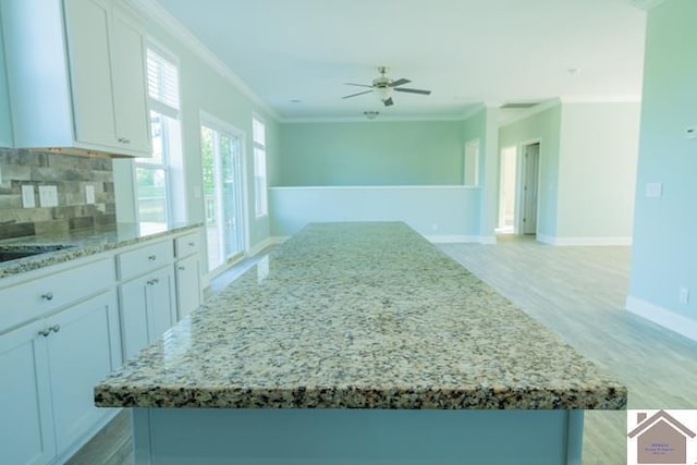 631 Imogene Dr, Gilbertsville, KY 42044 - kitchen featuring light wood-type flooring, crown molding, light stone counters, tasteful backsplash, and white cabinets