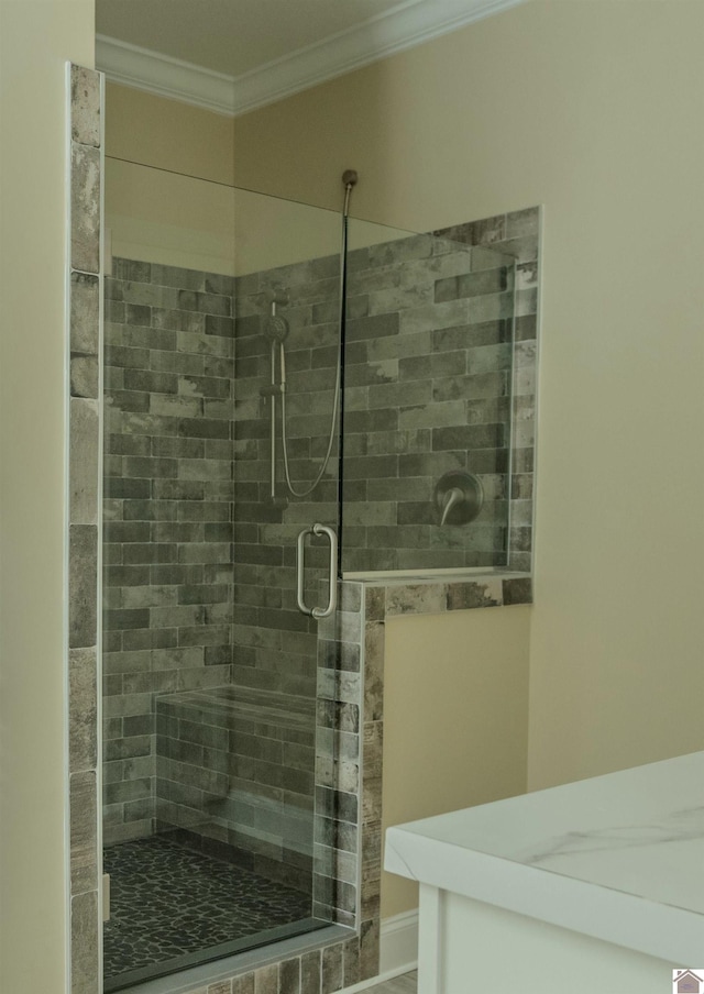 631 Imogene Dr, Gilbertsville, KY 42044 - full bathroom featuring ornamental molding and a shower stall