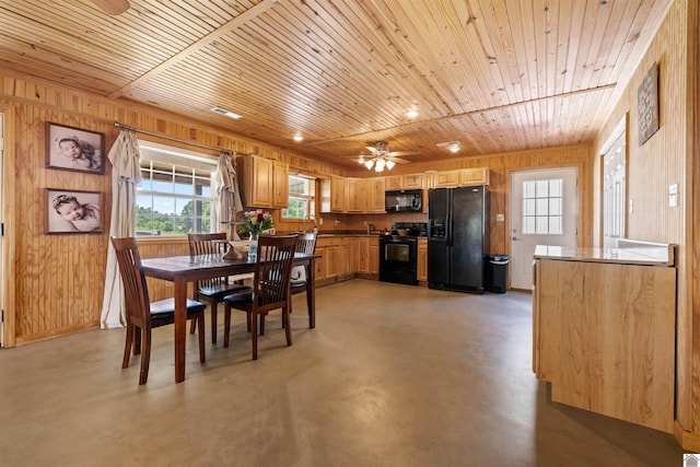 2372 Cardinal Rd, Mayfield, KY 42066 - dining space with concrete flooring, ceiling fan, wood walls, and wooden ceiling