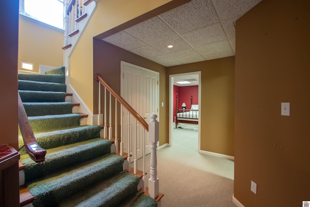 1055 Lakeview Dr, Paducah, KY 42003 - staircase with carpet flooring, a paneled ceiling, recessed lighting, and baseboards