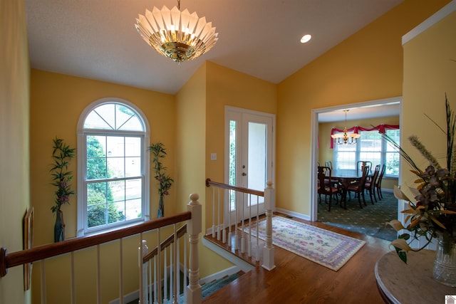 1055 Lakeview Dr, Paducah, KY 42003 - foyer with a chandelier, lofted ceiling, wood finished floors, baseboards, and recessed lighting
