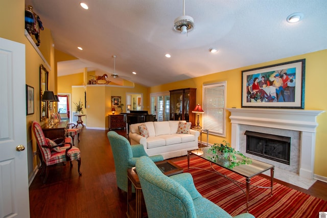 1055 Lakeview Dr, Paducah, KY 42003 - living room with a fireplace, baseboards, lofted ceiling, wood finished floors, and recessed lighting