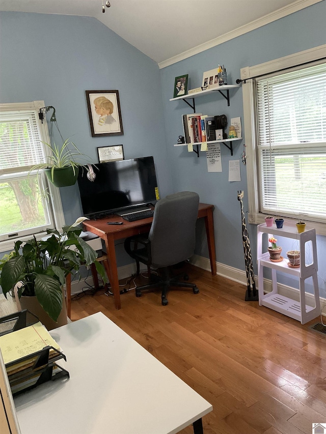 10187 E U S Highway 68, Benton, KY 42025 - office area with light wood-type flooring, lofted ceiling, ornamental molding, and baseboards