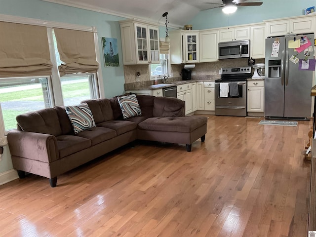10187 E U S Highway 68, Benton, KY 42025 - living room with plenty of natural light, light wood-style flooring, vaulted ceiling, and ceiling fan