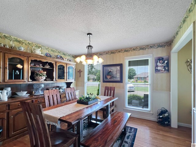189 Edinborough W, Murray, KY 42071 - dining room featuring a textured ceiling, a chandelier, wainscoting, and wood finished floors