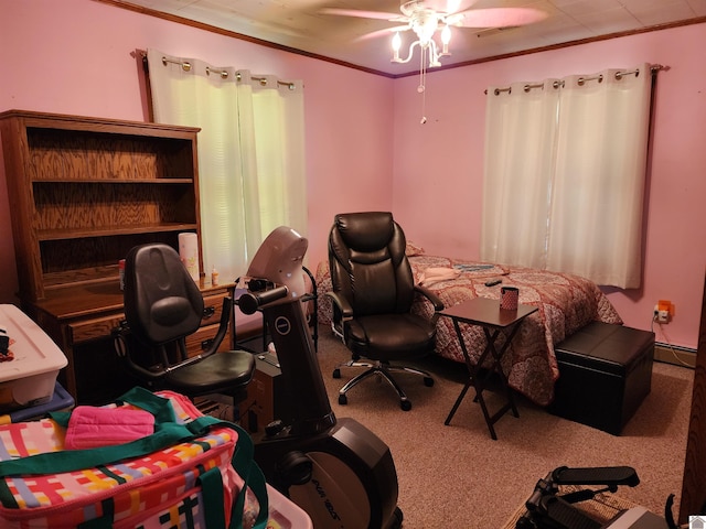 1691 Symsonia Hwy, Benton, KY 42025 - bedroom featuring ornamental molding, carpet floors, a baseboard radiator, and a ceiling fan