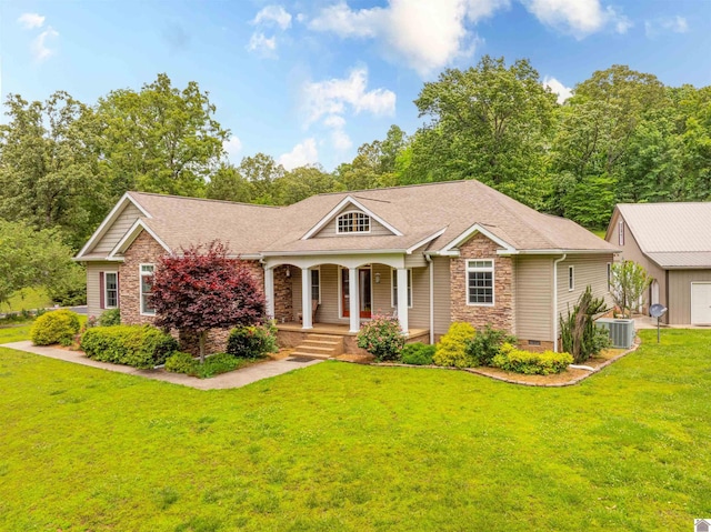 124 Hughes Rd, Benton, KY 42025 - view of front of home featuring a porch, stone siding, a front lawn, crawl space, and central air condition unit