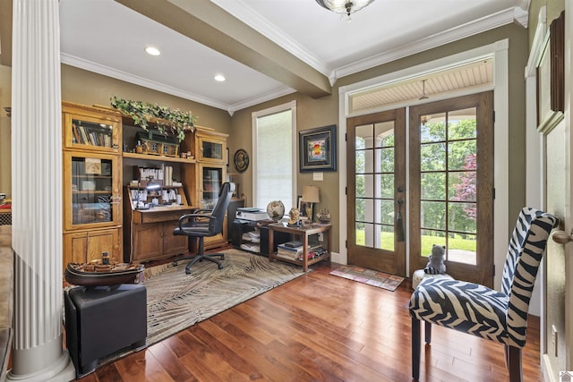124 Hughes Rd, Benton, KY 42025 - office with wood finished floors, ornamental molding, recessed lighting, and french doors