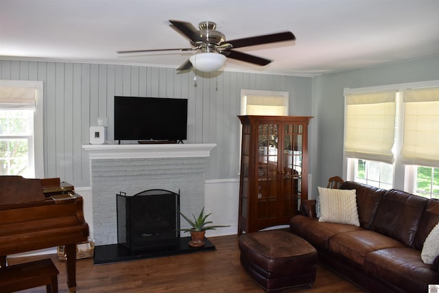 3975 Contest Rd, Paducah, KY 42001 - living room with healthy amount of natural light, a ceiling fan, wood finished floors, a fireplace, and crown molding