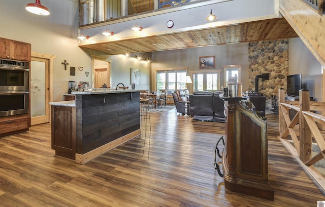3210 Douglas Rd, Murray, KY 42071 - kitchen featuring stainless steel double oven, dark wood-style floors, open floor plan, a high ceiling, and a wood stove