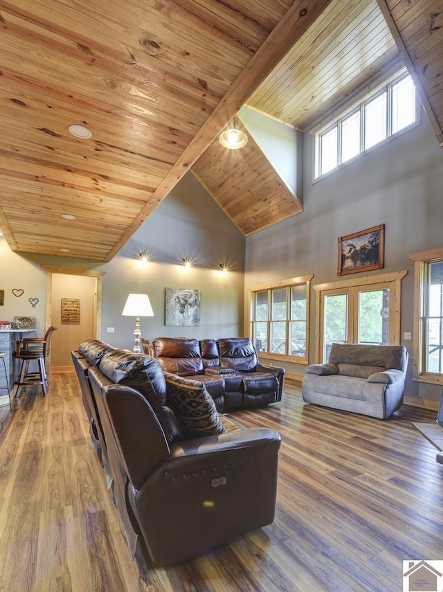 3210 Douglas Rd, Murray, KY 42071 - living area featuring wood ceiling, wood finished floors, high vaulted ceiling, and baseboards