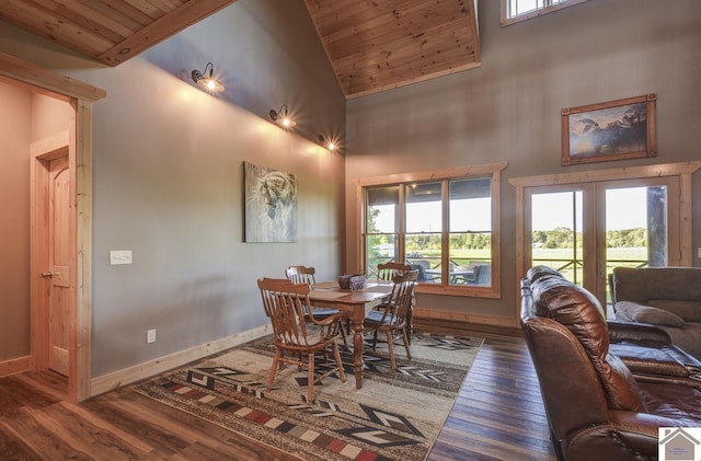 3210 Douglas Rd, Murray, KY 42071 - dining room with high vaulted ceiling, wood finished floors, wooden ceiling, baseboards, and french doors