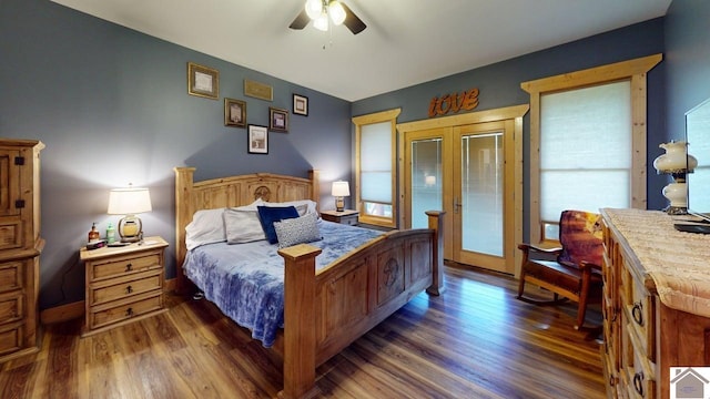 3210 Douglas Rd, Murray, KY 42071 - bedroom featuring french doors, dark wood-style flooring, and a ceiling fan