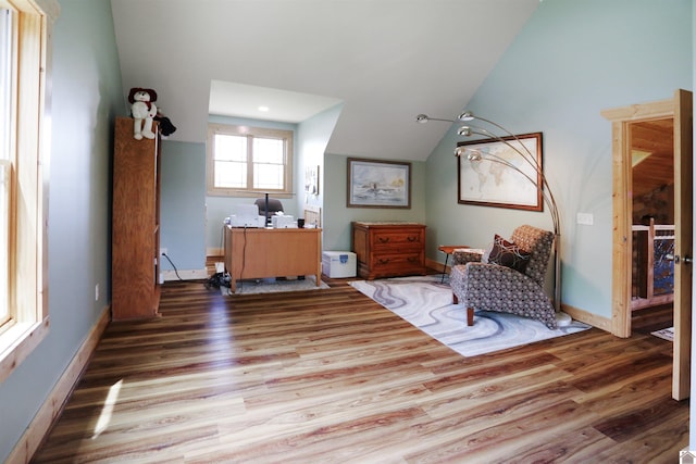 3210 Douglas Rd, Murray, KY 42071 - living area featuring wood finished floors, vaulted ceiling, baseboards, and an office area