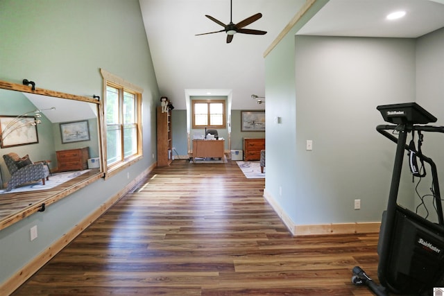 3210 Douglas Rd, Murray, KY 42071 - hall featuring wood finished floors, baseboards, high vaulted ceiling, and recessed lighting