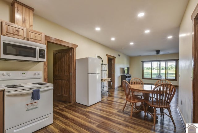 3210 Douglas Rd, Murray, KY 42071 - kitchen featuring white appliances, dark wood-style floors, a ceiling fan, recessed lighting, and baseboards