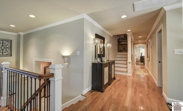114 Shadyside Ln, Gilbertsville, KY 42044 - corridor with an upstairs landing, light wood-type flooring, recessed lighting, ornamental molding, and baseboards
