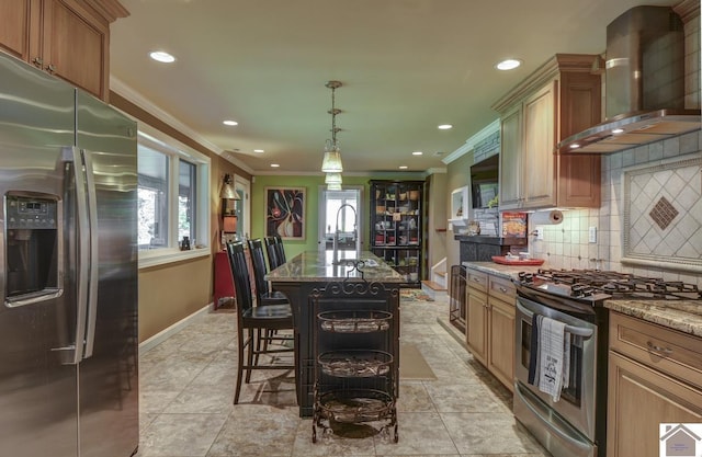 114 Shadyside Ln, Gilbertsville, KY 42044 - kitchen featuring appliances with stainless steel finishes, wall chimney range hood, crown molding, baseboards, and plenty of natural light
