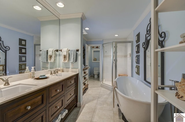 114 Shadyside Ln, Gilbertsville, KY 42044 - bathroom with ornamental molding, a shower stall, double vanity, a freestanding tub, and tile patterned flooring