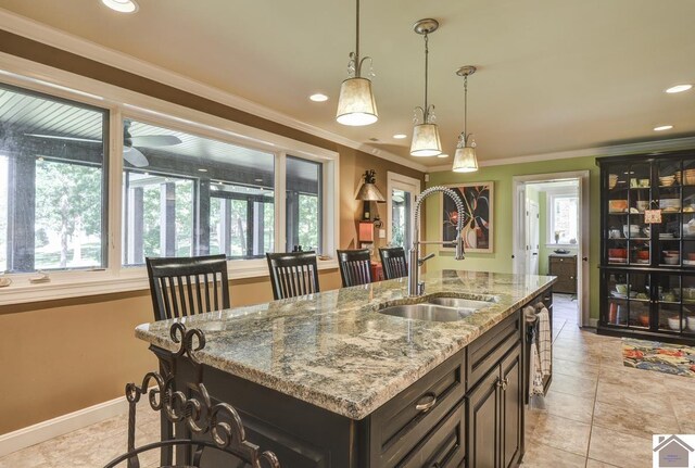 114 Shadyside Ln, Gilbertsville, KY 42044 - kitchen featuring a sink, healthy amount of natural light, ornamental molding, recessed lighting, and decorative light fixtures