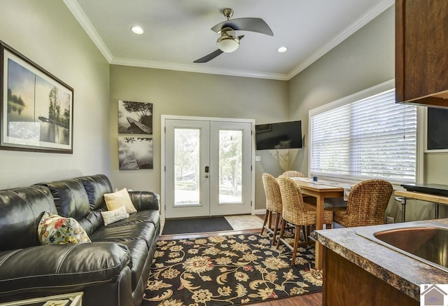 114 Shadyside Ln, Gilbertsville, KY 42044 - living room with a ceiling fan, french doors, crown molding, and recessed lighting