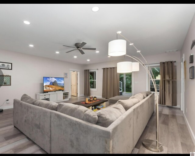 34 Navajo Ct, Cadiz, KY 42211 - living room with light wood finished floors, baseboards, a ceiling fan, and recessed lighting