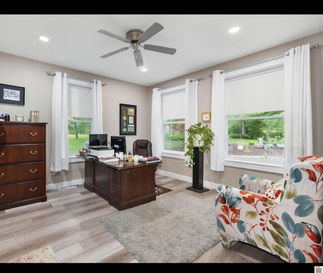 34 Navajo Ct, Cadiz, KY 42211 - office featuring a ceiling fan, baseboards, light wood-type flooring, and recessed lighting
