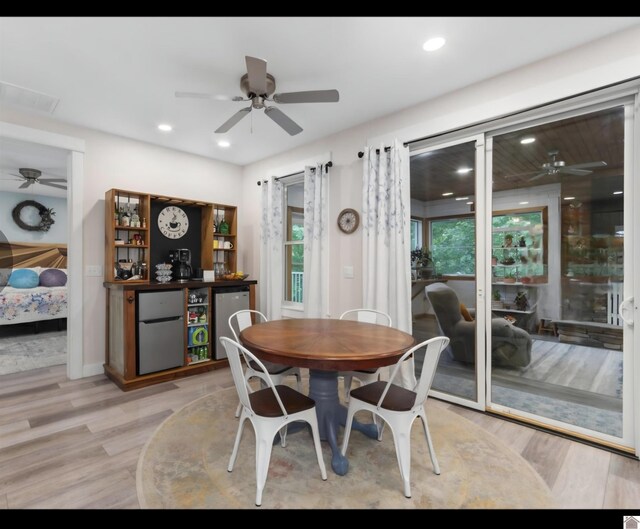 34 Navajo Ct, Cadiz, KY 42211 - dining room with a ceiling fan, light wood finished floors, a dry bar, and recessed lighting
