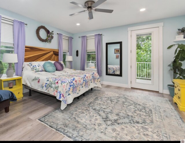 34 Navajo Ct, Cadiz, KY 42211 - bedroom with access to outside, wood finished floors, recessed lighting, a ceiling fan, and baseboards
