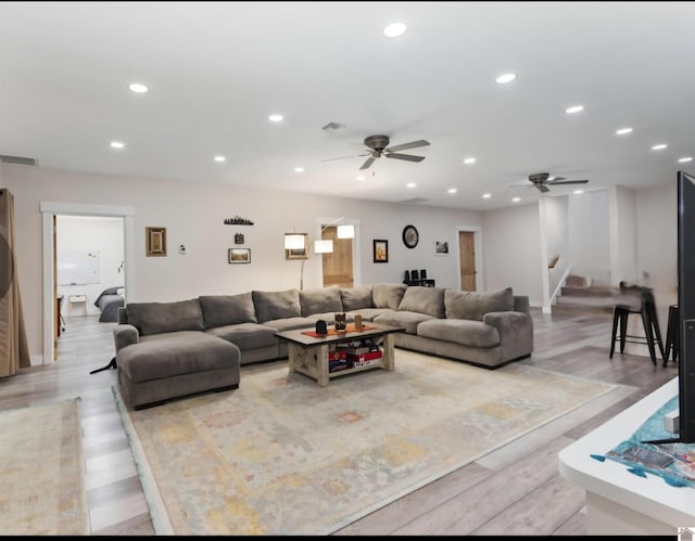 34 Navajo Ct, Cadiz, KY 42211 - living room with a ceiling fan, stairway, light wood-type flooring, and recessed lighting