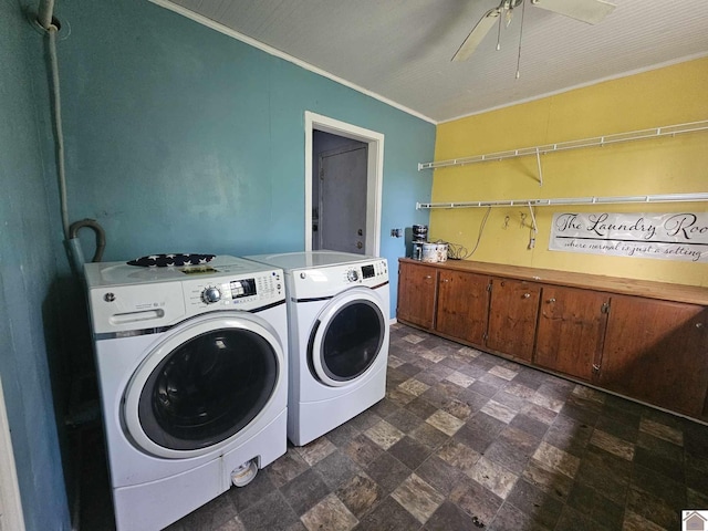 6694 State Line Rd E, Hazel, KY 42049 - laundry area with washing machine and dryer, ornamental molding, and ceiling fan