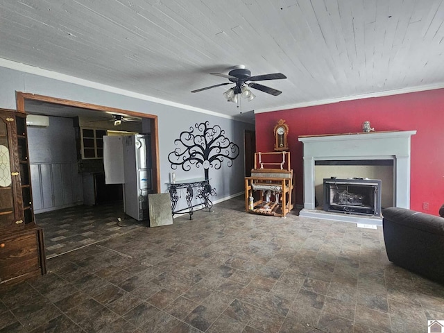 6694 State Line Rd E, Hazel, KY 42049 - living area with ceiling fan, a fireplace with raised hearth, ornamental molding, stone finish flooring, and wood ceiling