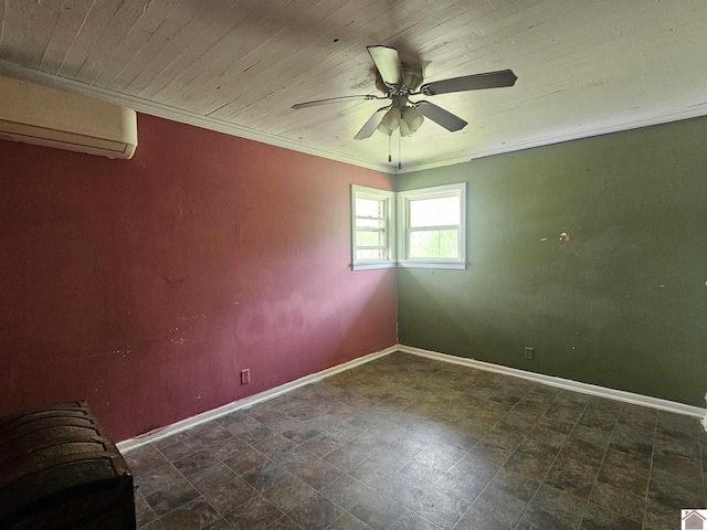 6694 State Line Rd E, Hazel, KY 42049 - spare room featuring a ceiling fan, baseboards, an AC wall unit, ornamental molding, and wood ceiling
